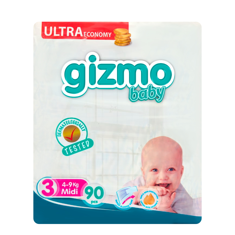 Подгузники одноразовые Gizmo Baby 3 Midi Ultra Eco 4-9 кг 90 шт - фото 1