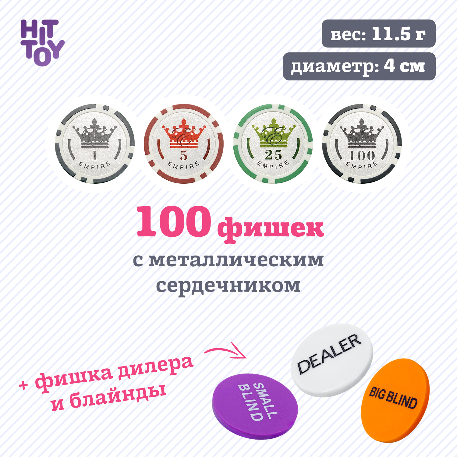 Покерный набор HitToy Empire 100 фишек с номиналом в чемодане - фото 3