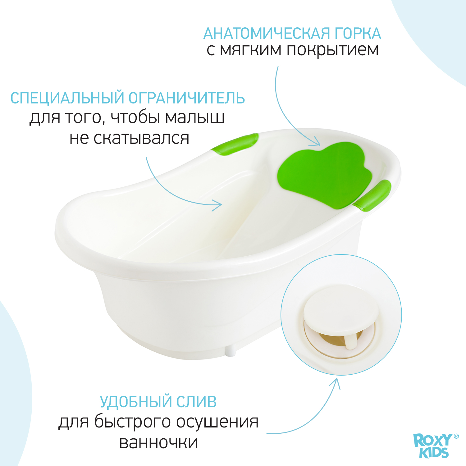 Ванночка для купания малыша ROXY-KIDS с анатомической горкой и сливом  купить по цене 1574 ₽ в интернет-магазине Детский мир