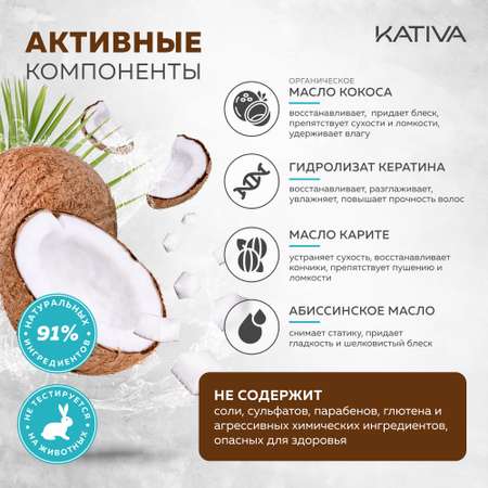 Восстанавливающий кондиционер Kativa с органическим кокосовым маслом для поврежденных волос Coconut 500 мл