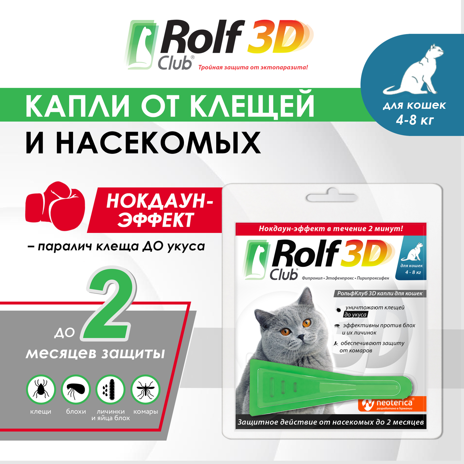 Капли для кошек RolfClub3D 4-8кг от блох и клещей 0.8мл купить по цене 370  ₽ с доставкой в Москве и России, отзывы, фото