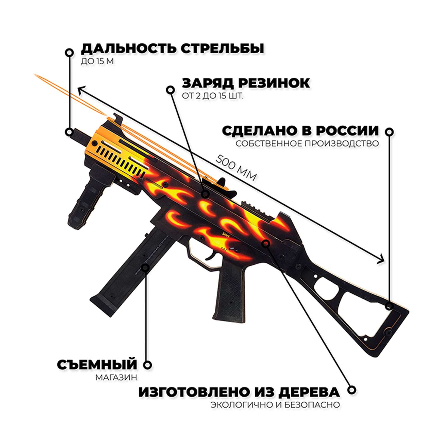 Пистолет-пулемет Go-Wood UMP-45 версия 1.6 Пламя деревянный резинкострел - фото 2
