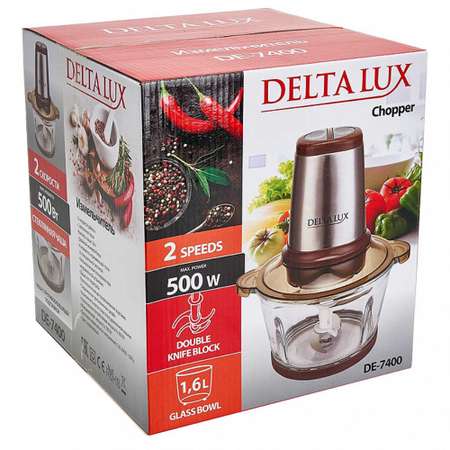 Измельчитель Delta Lux DE-7400 чаша стекло 1.6л 500Вт двойной ножевой блок. коричневый