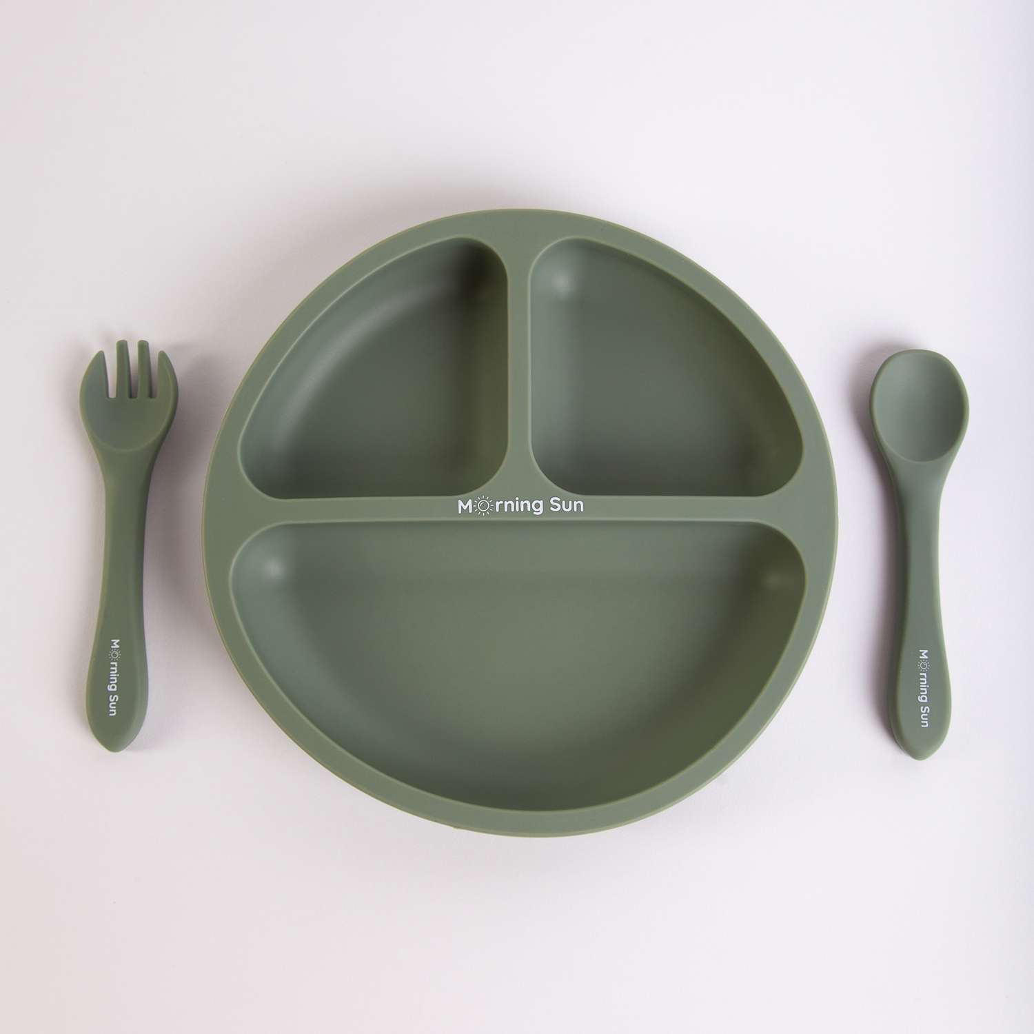 Набор детской посуды Morning Sun силиконовый секционная тарелка ложка вилка оливковый - фото 1