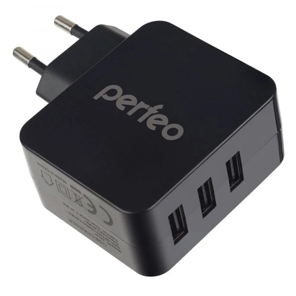 Сетевое зарядное устройство Perfeo CUBE 3 черное на 3 USB порта - фото 1