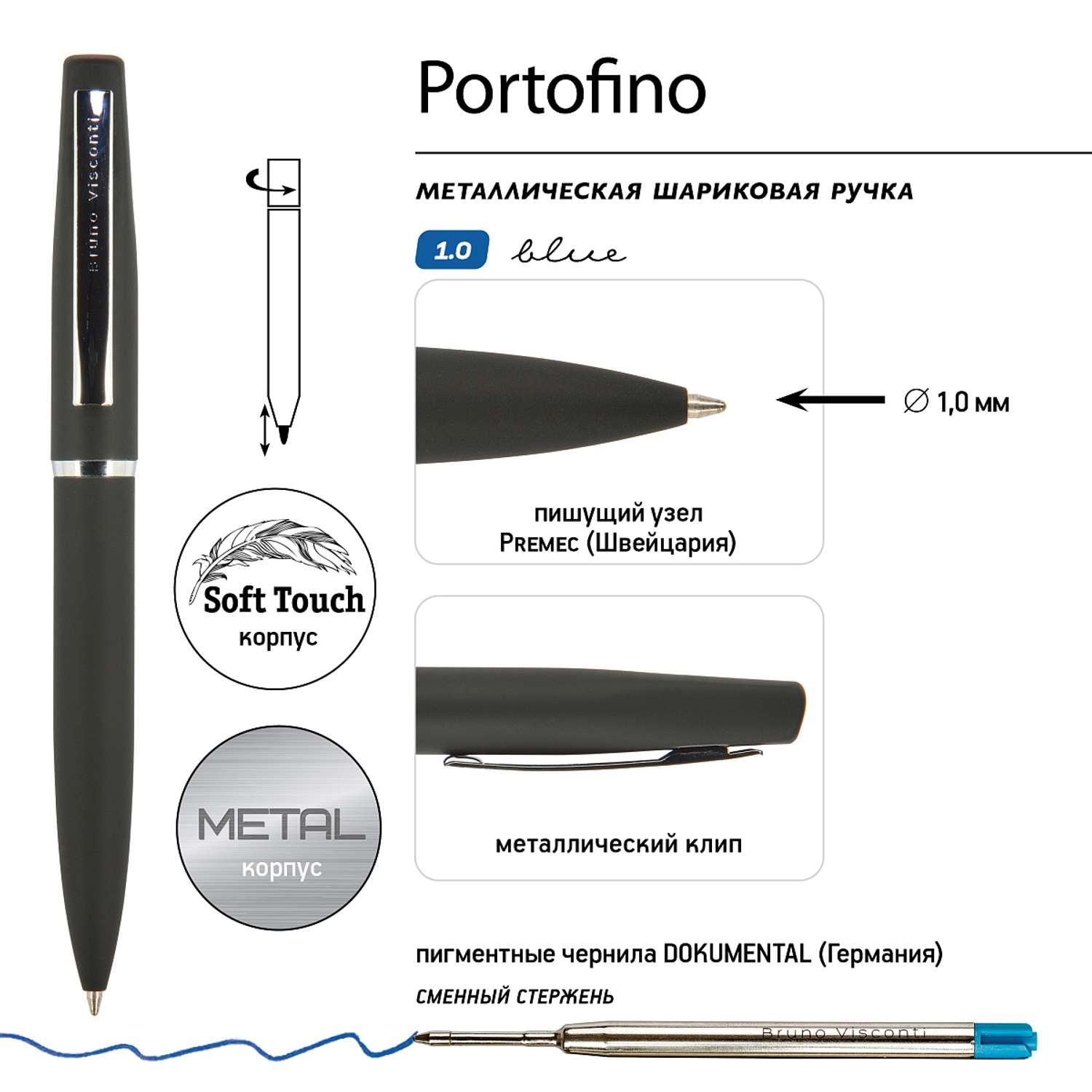 Ручка шариковая Bruno Visconti Автоматическая синяя portofino цвет корпуса черный 1 мм в футляре из экокожи - фото 6
