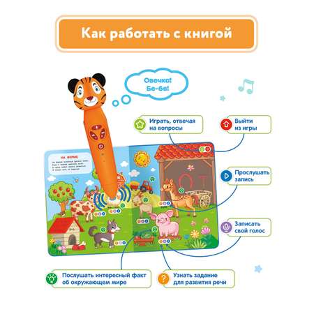 Набор логопедическая игрушка BertToys Тигренок Рыки + интерактивная книга