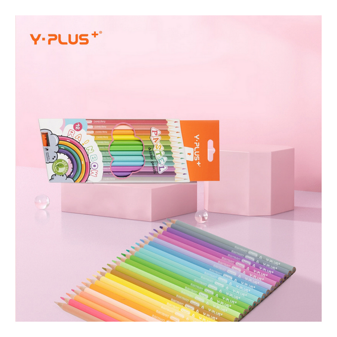 Карандаши цветные Y-plus пастельные Rainbow Pastel трехгранные утолщенные 12 цветов и точилка - фото 3