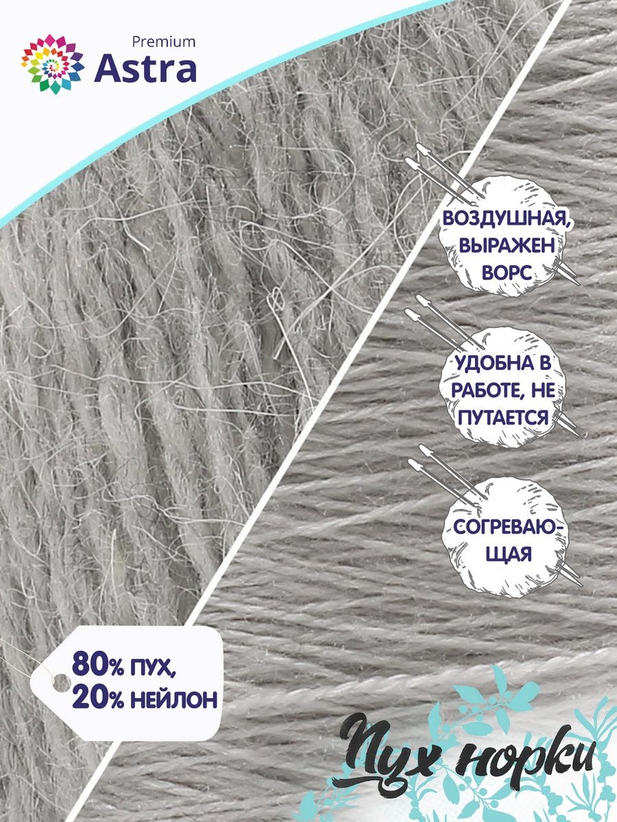 Пряжа Astra Premium Пух норки Mink yarn воздушная с ворсом 50 г 290 м 02 жемчужный 1 моток - фото 2