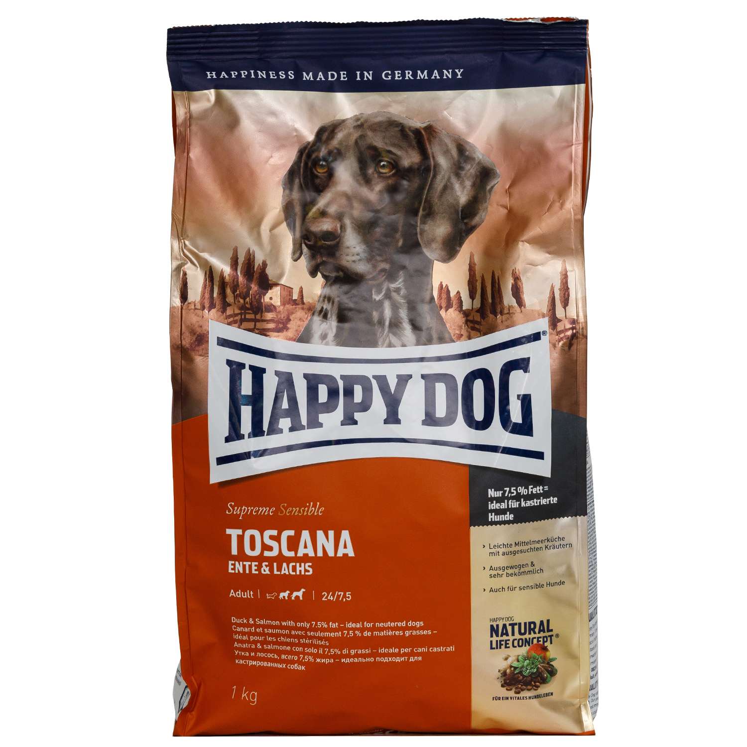 Корм для собак Happy Dog Supreme Sensible Тоскана утка-лосось 1кг - фото 1
