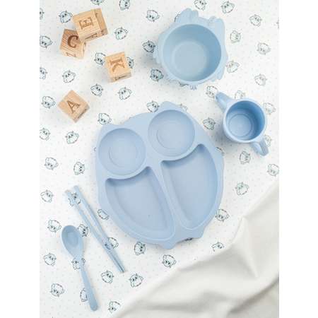 Набор детской посуды Добрый Филин Детская тарелка вилка ложка Совушка голубая 6 предметов