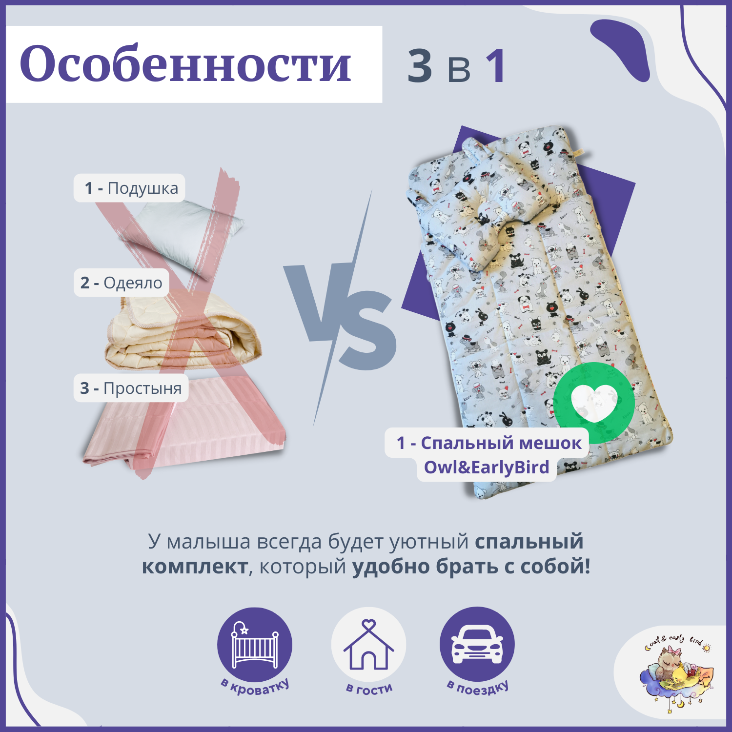 Спальный мешок одеяло детское Owl and EarlyBird c 6 до 36 месяцев Собачки - фото 6