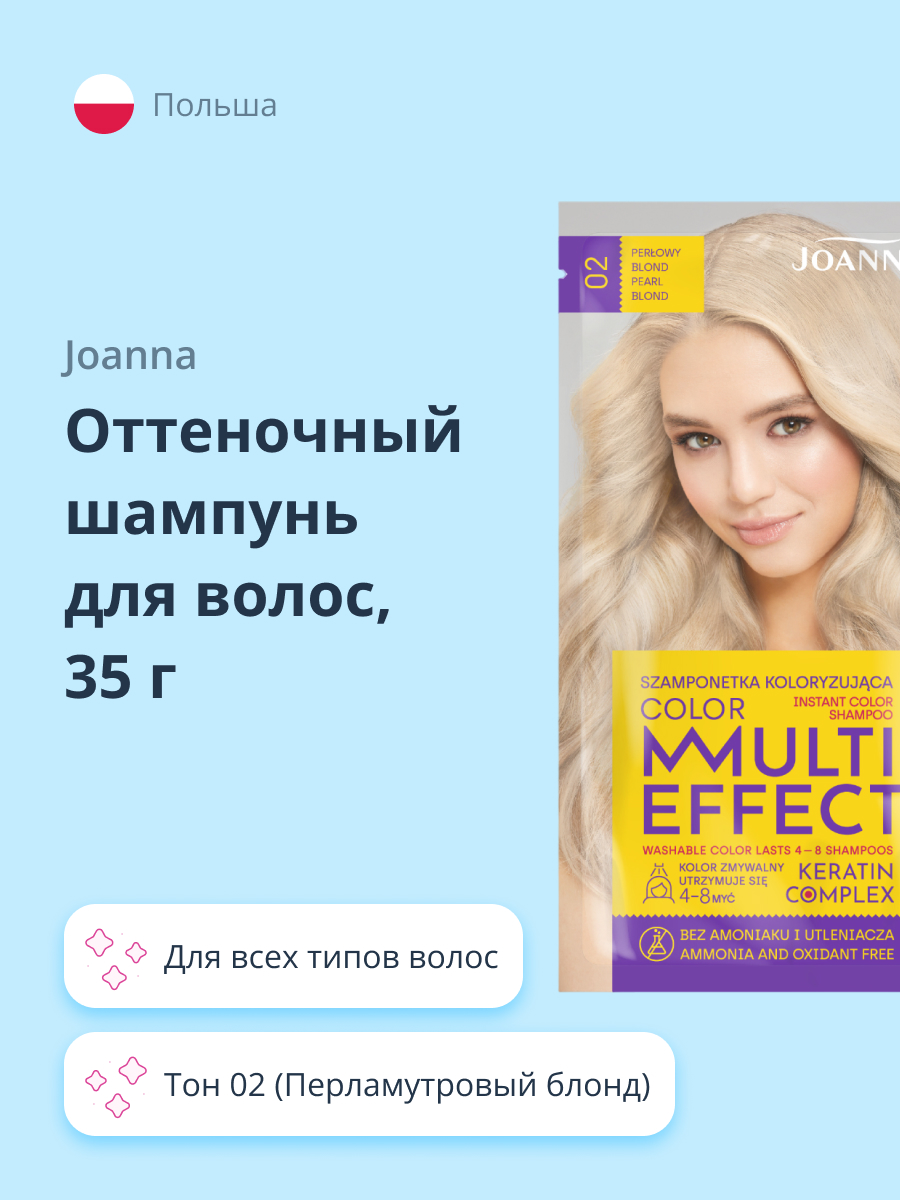 Оттеночный шампунь JOANNA Multi effect color тон 02 (перламутровый блонд) 35 г - фото 1