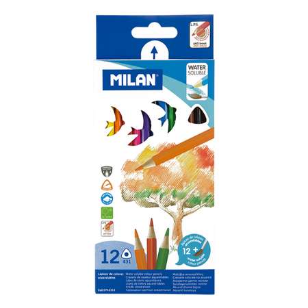 Набор цветных карандашей MILAN акварельных 12 цветов и кисть трехгранный корпус в картонной упаковке