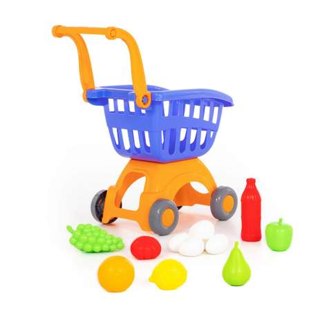 Игровой набор Полесье Тележка Supermarket и продукты 12 элементов сине-оранжевый