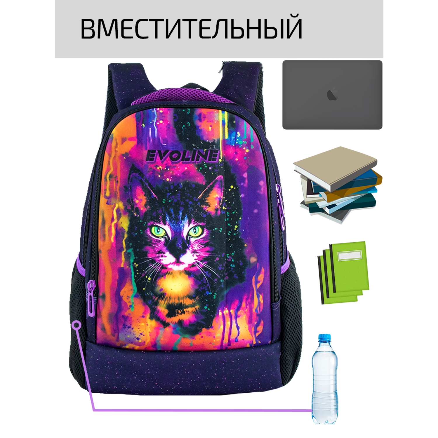 Рюкзак школьный Evoline Черный цветной кот - фото 5