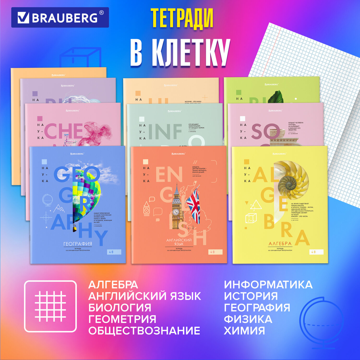 Тетради Brauberg школьные со справочным материалом в клетку/линейку 12 предметов 48 листов Vision - фото 2