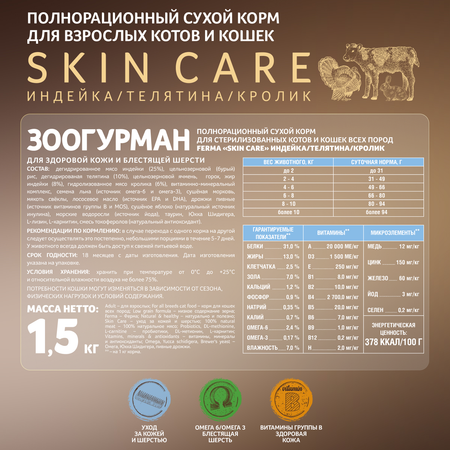 Корм для кошек Зоогурман Ferma Skin care 1.5кг индейка-телятина-кролик полнорационный сухой