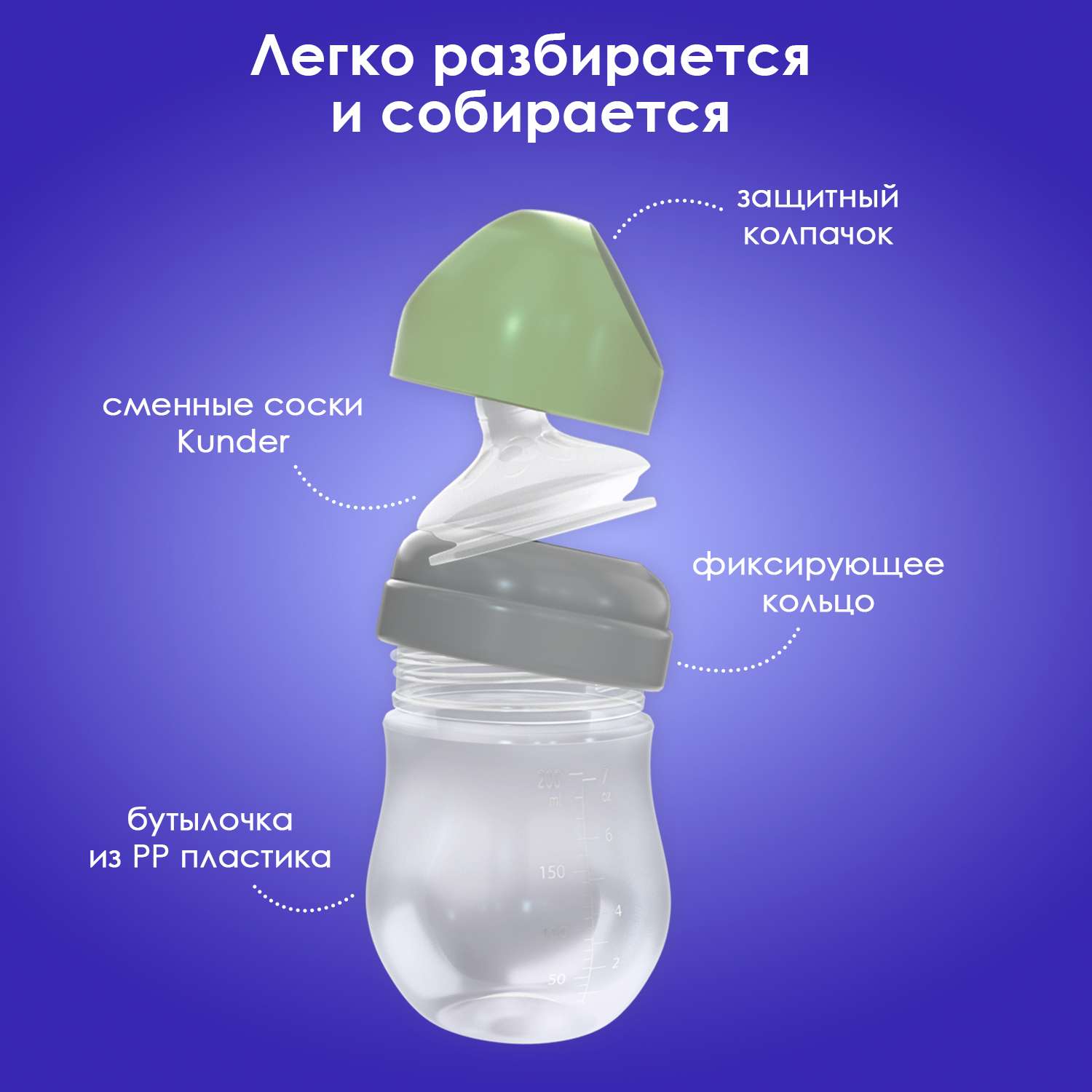 Бутылочка для кормления KUNDER 200мл антиколиковая с силиконовой соской диаметр 5см размер соски М (3м+) - фото 2