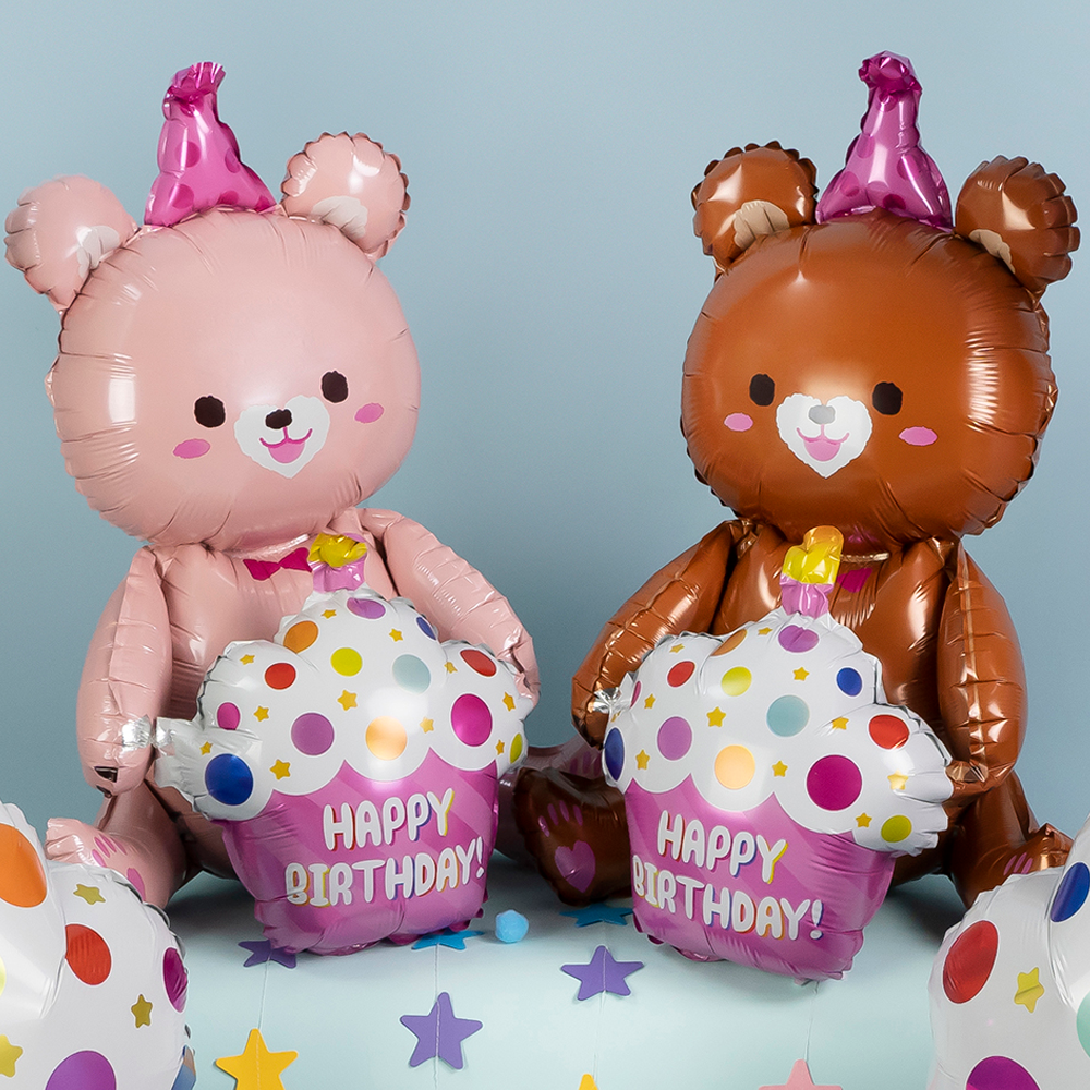 Воздушный шар Falali Мишка с капкейком Happy Birthday/С Днем рождения розовый 97 см - фото 6
