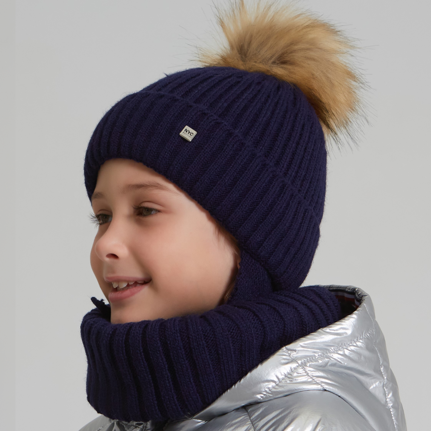 Шапка и снуд NYCkids NYC-H-112-FurPomREB-Dblue - фото 6