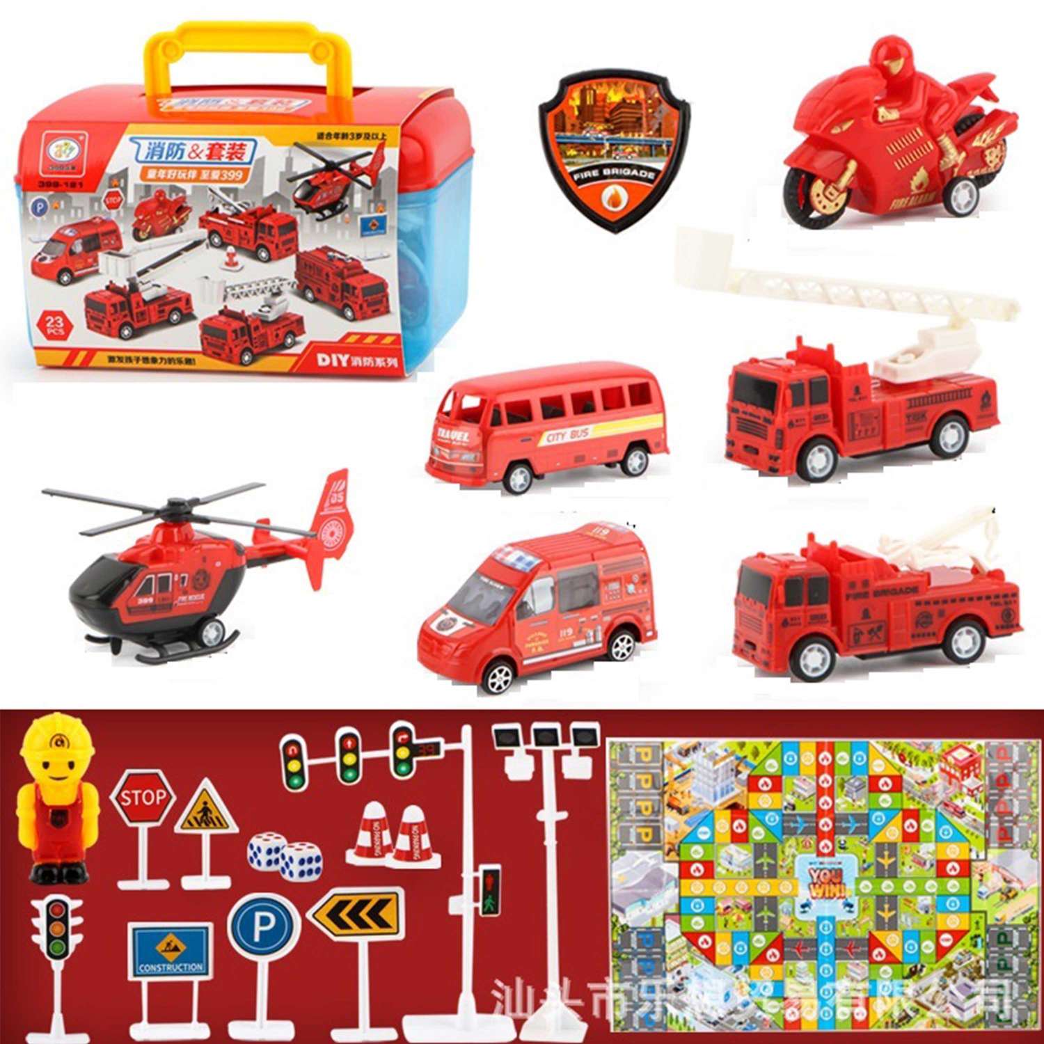 Игровой набор транспорт SHARKTOYS 5 пожарных машинок и дорожные знаки 180000001 - фото 1