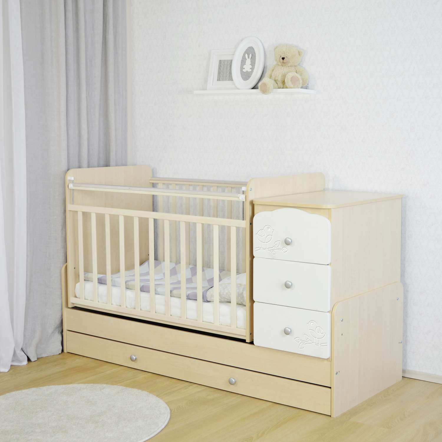 Детская кроватка СКВ прямоугольная, поперечный маятник (береза, белый) - фото 7