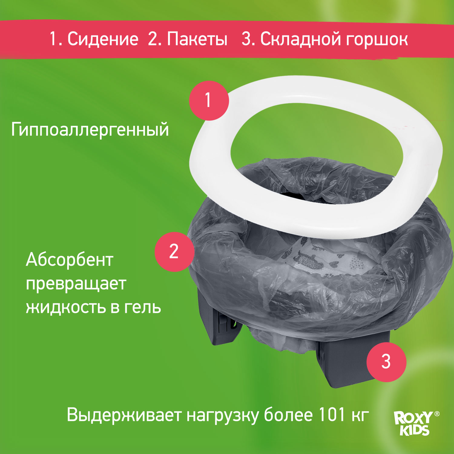 Горшок дорожный ROXY-KIDS складной с многоразовой вкладкой Handy Potty 3 в 1 цвет графит - фото 7