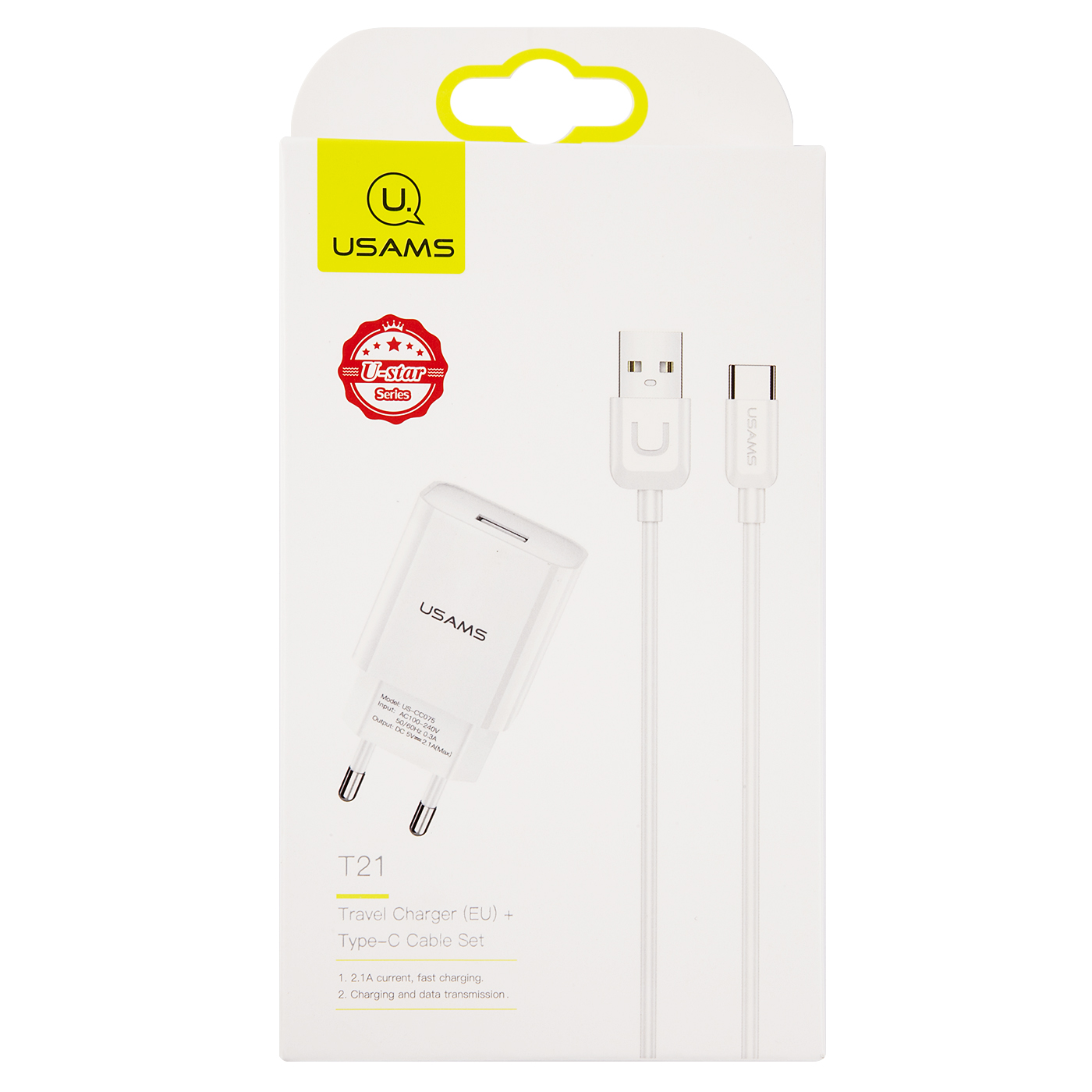 Сетевое ЗУ USAMS Модель T21 Charger kit 1 USB T18 2.1A + кабель Type-C 1m белый - фото 3