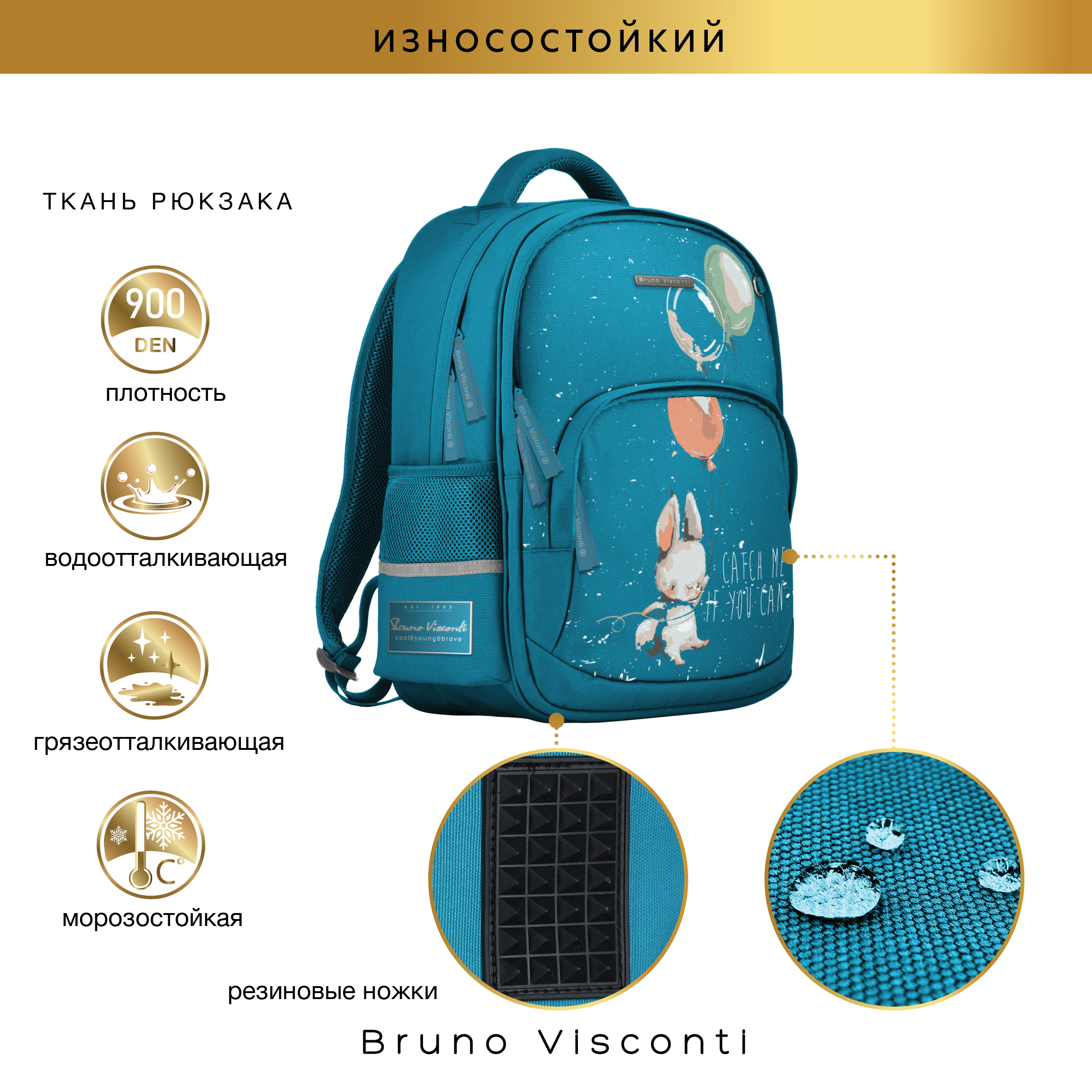 Рюкзак школьный Bruno Visconti бирюзовый с эргономичной спинкой Зайчик - фото 5