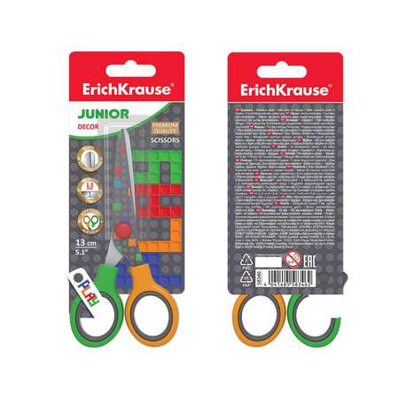 Ножницы детские 13см ErichKrause Junior Decor Color Bricks с принтом на лезвиях закруглённые концы блистер