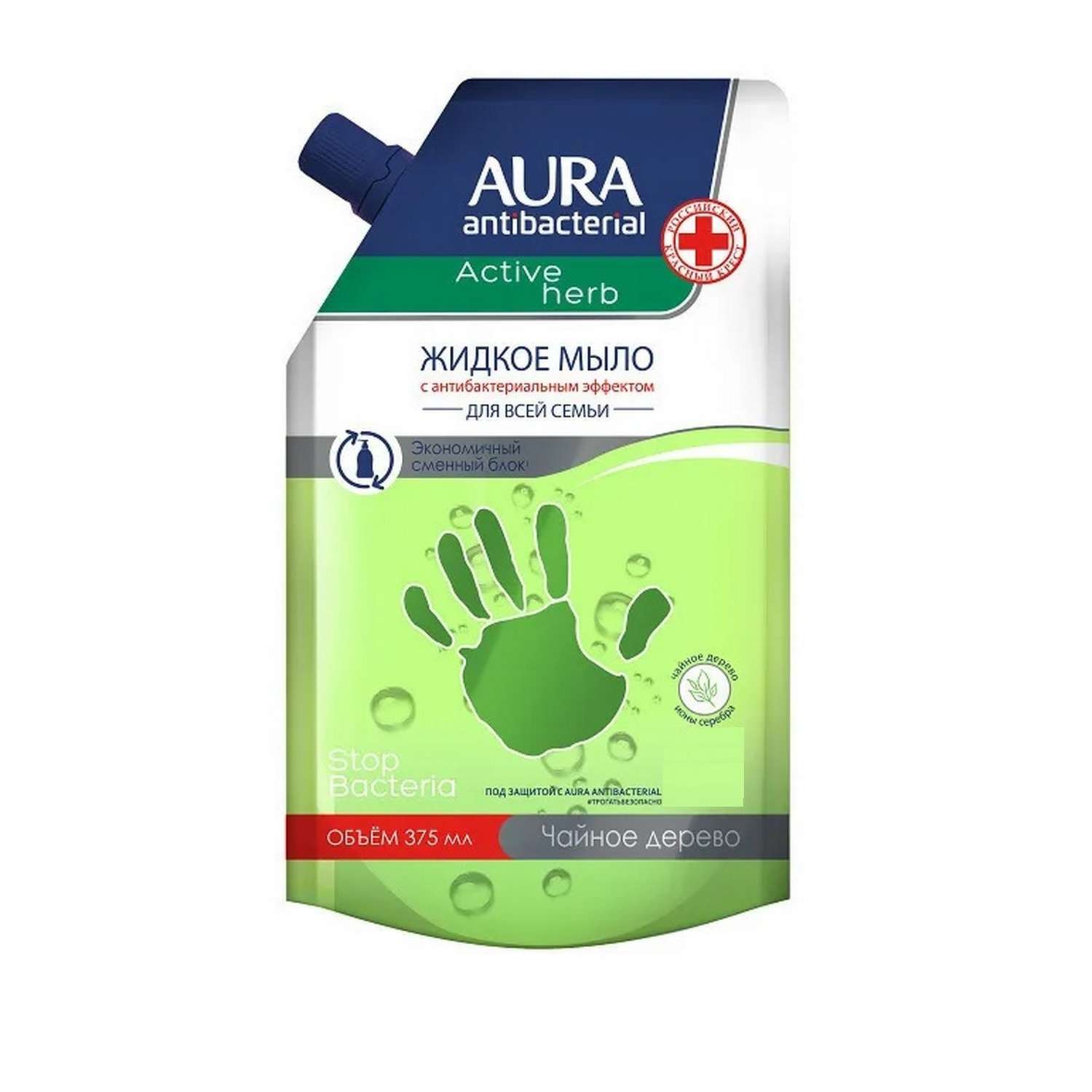 Жидкое мыло AURA Antibacterial С антибактериальным эффектом Active Herb Чайное дерево дой-пак 375мл - фото 1