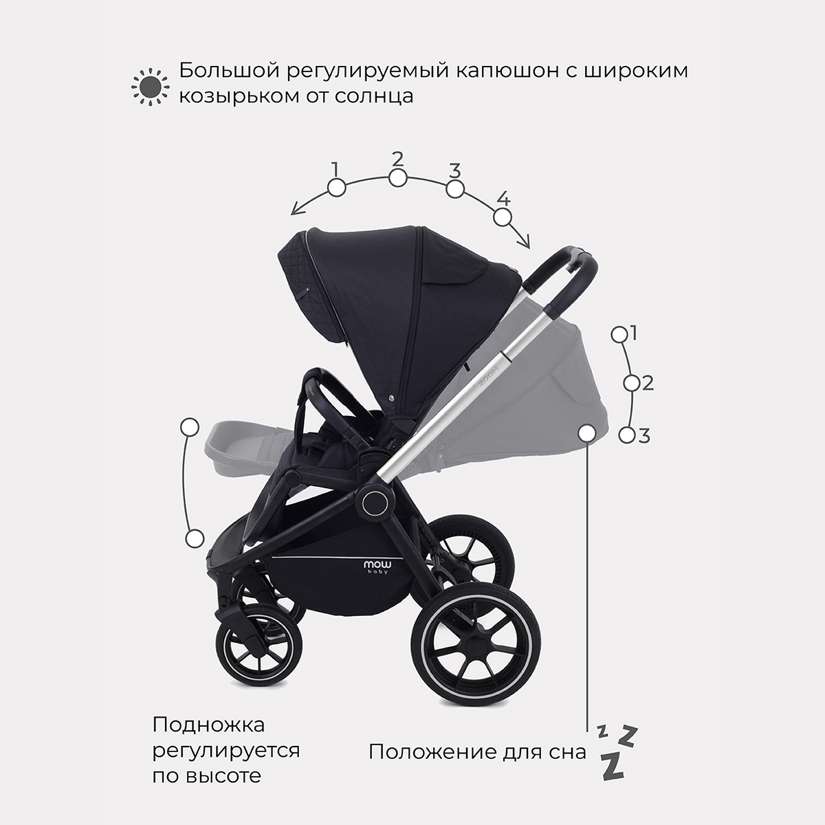 Коляска детская универсальная MOWbaby 3в1 ZOOMPU RA087 Silver Black - фото 8