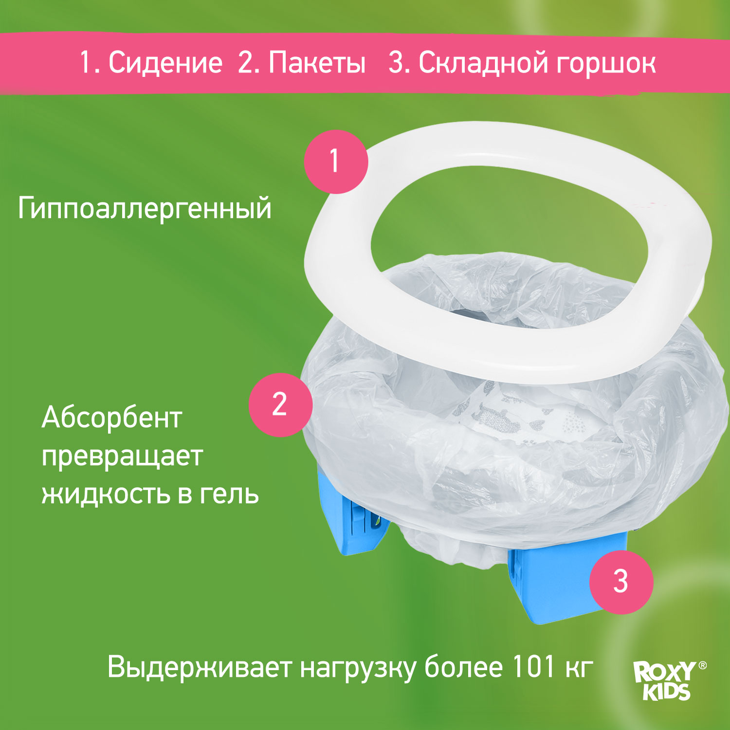 Горшок дорожный ROXY-KIDS складной с многоразовой вкладкой HandyPotty 3 в 1 цвет голубой - фото 5