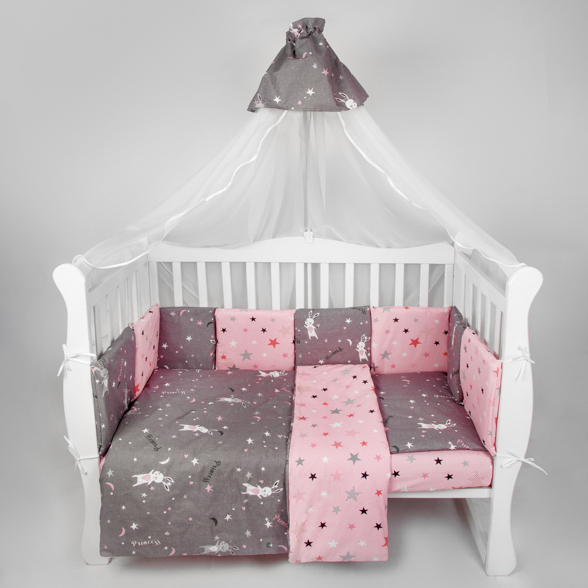 Бортик в кроватку AmaroBaby 12 предметов AmaroBaby Princess серый розовый - фото 5