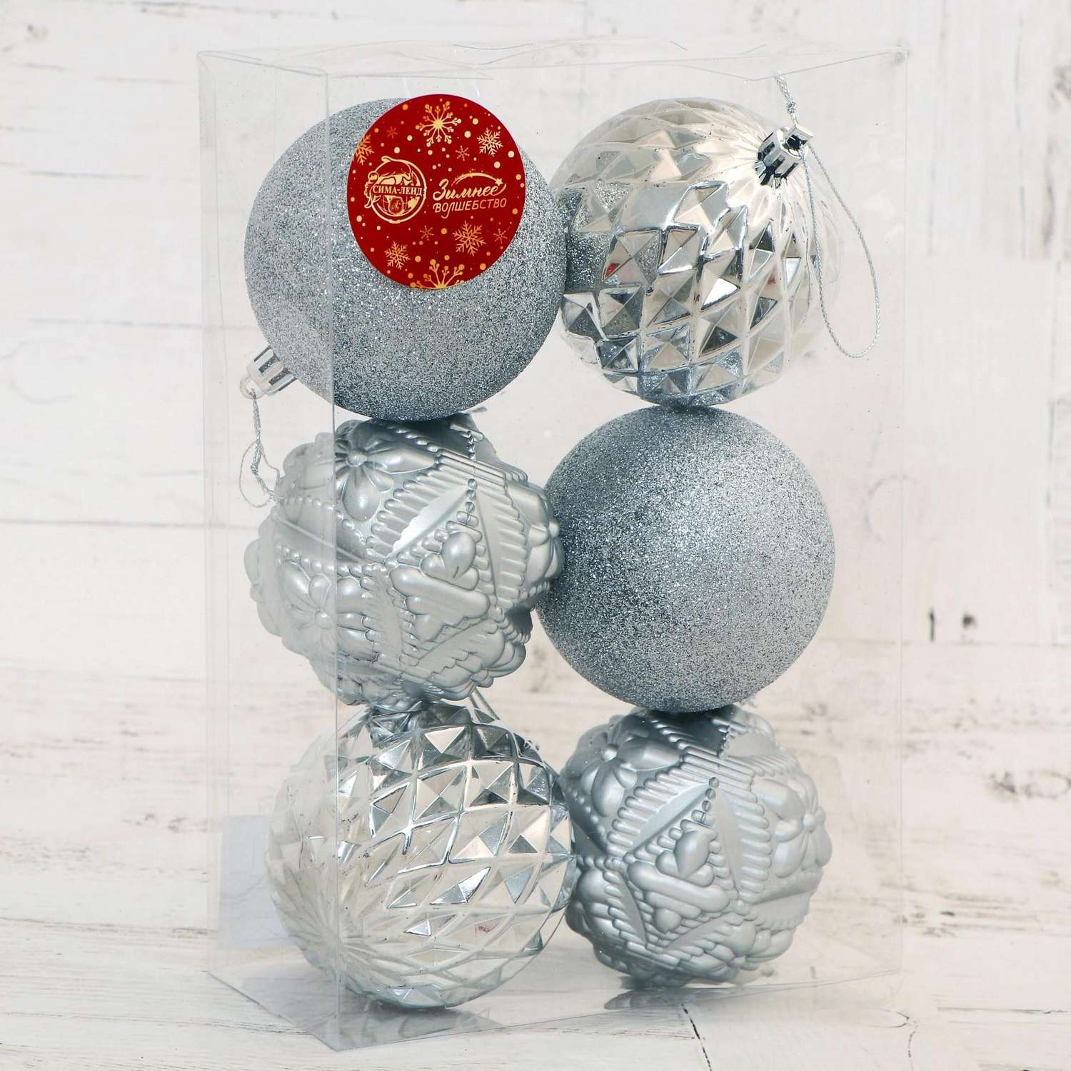 Набор шаров Зимнее волшебство пластик d-8 см 6 шт «Саманта» серебро - фото 2
