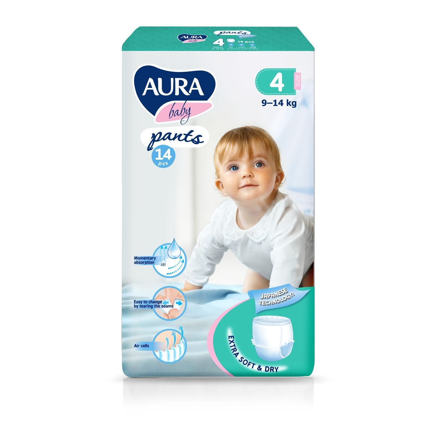 Подгузники-трусики AURA BABY одноразовые для детей 4L 9-14 кг 14шт - фото 1