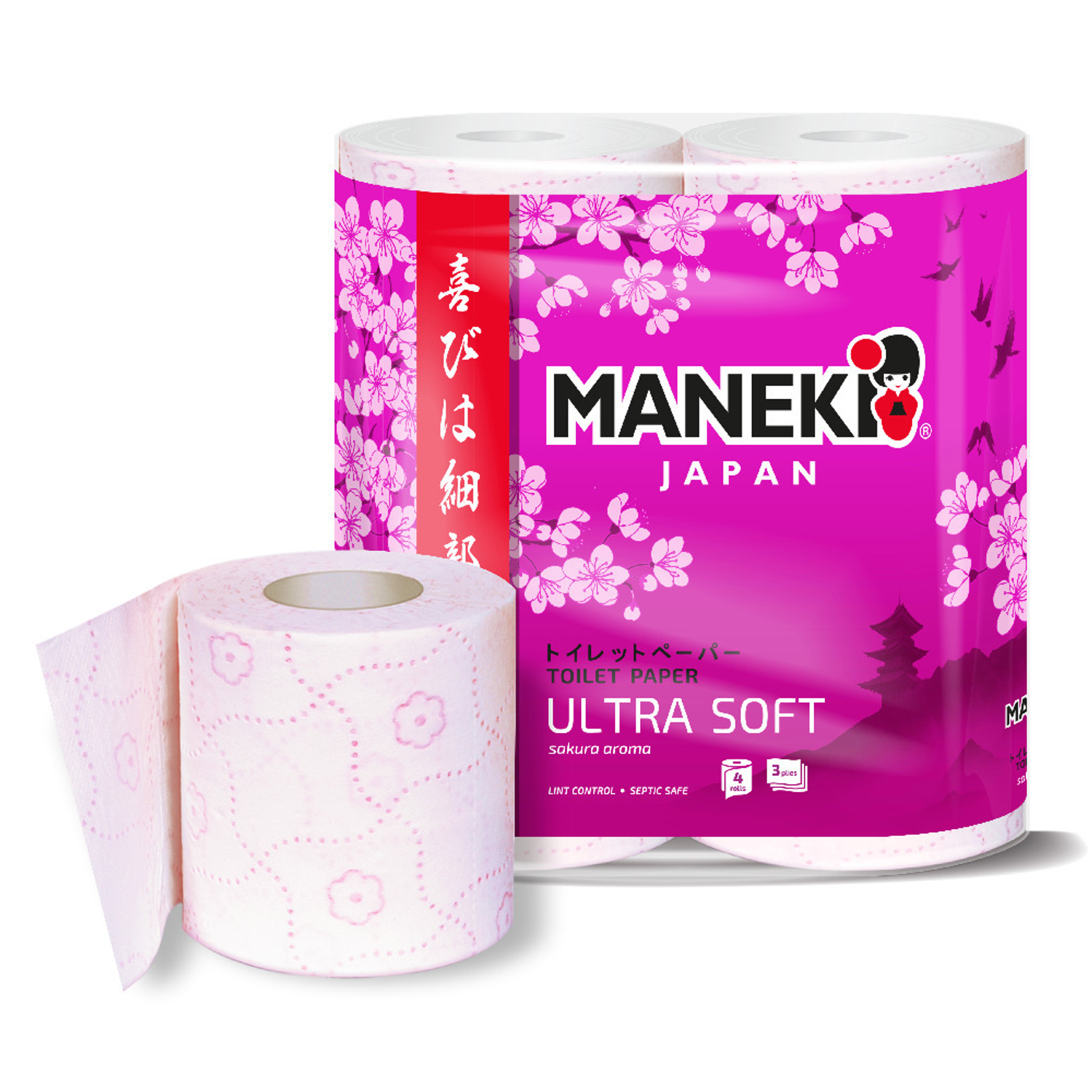 Туалетная бумага Maneki Sakura 3 слоя 23 м с тиснением и ароматом сакуры 4 рулона - фото 1