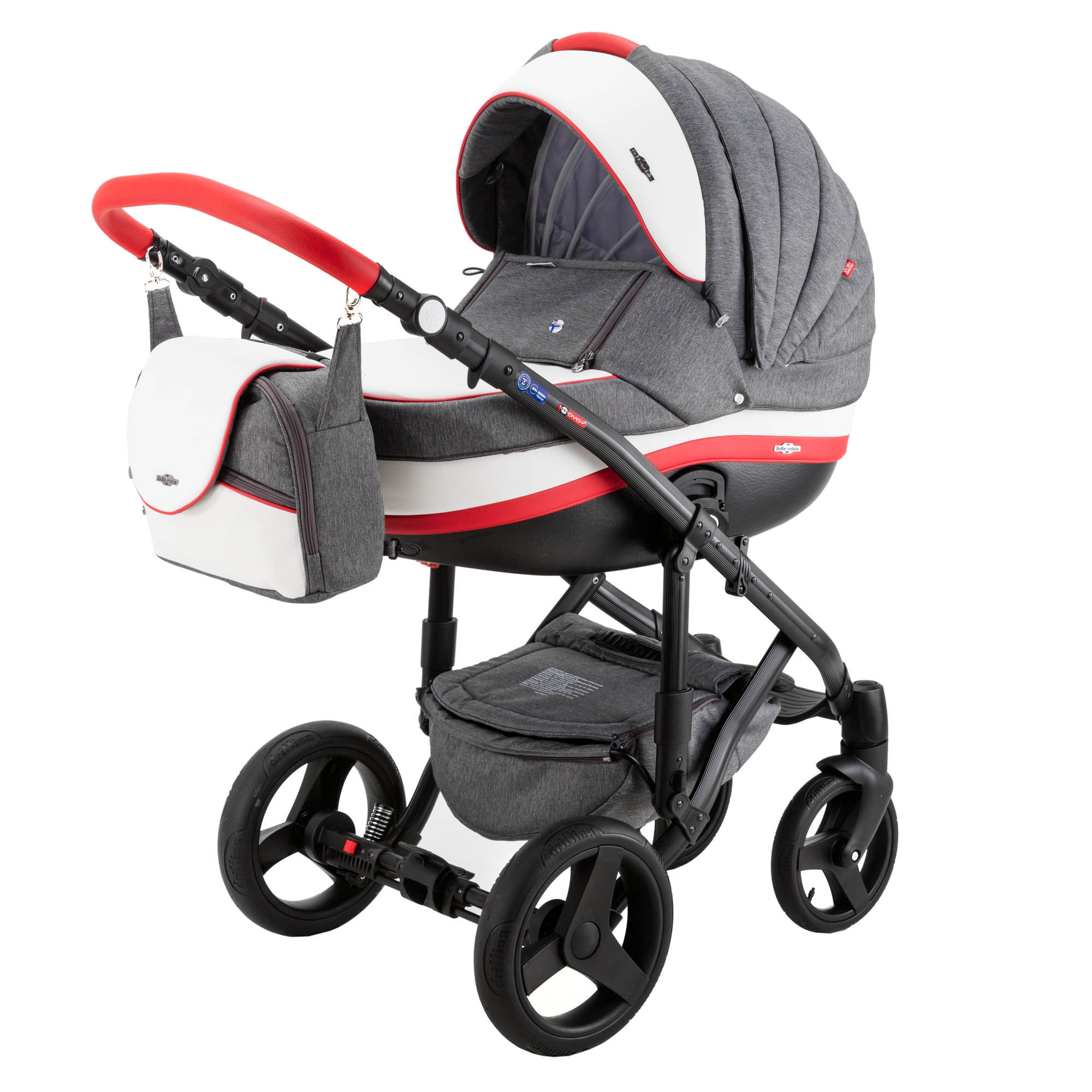 Коляска 2в1 BeBe-mobile Movo Standart R2 Серый+Белая кожа+Красная кожаная отделка - фото 1