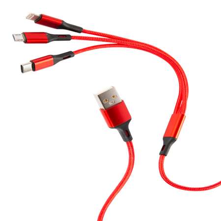 Дата-кабель mObility USB -Type-C/8 - pin/micro USB (3 в 1) нейлоновая оплетка красный