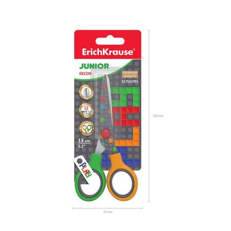 Ножницы детские 13см ErichKrause Junior Decor Color Bricks с принтом на лезвиях закруглённые концы блистер