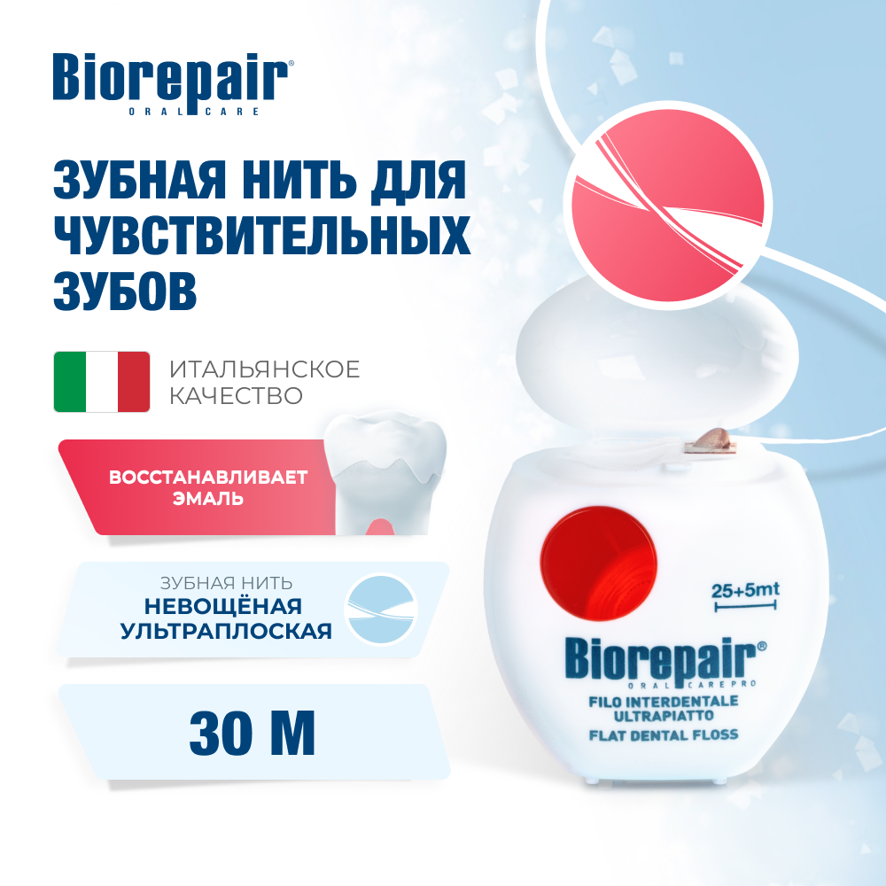 Нить зубная Biorepair Filo Non Cerato Ultrapiatto Невощеная ультра-плоская 30 м - фото 1