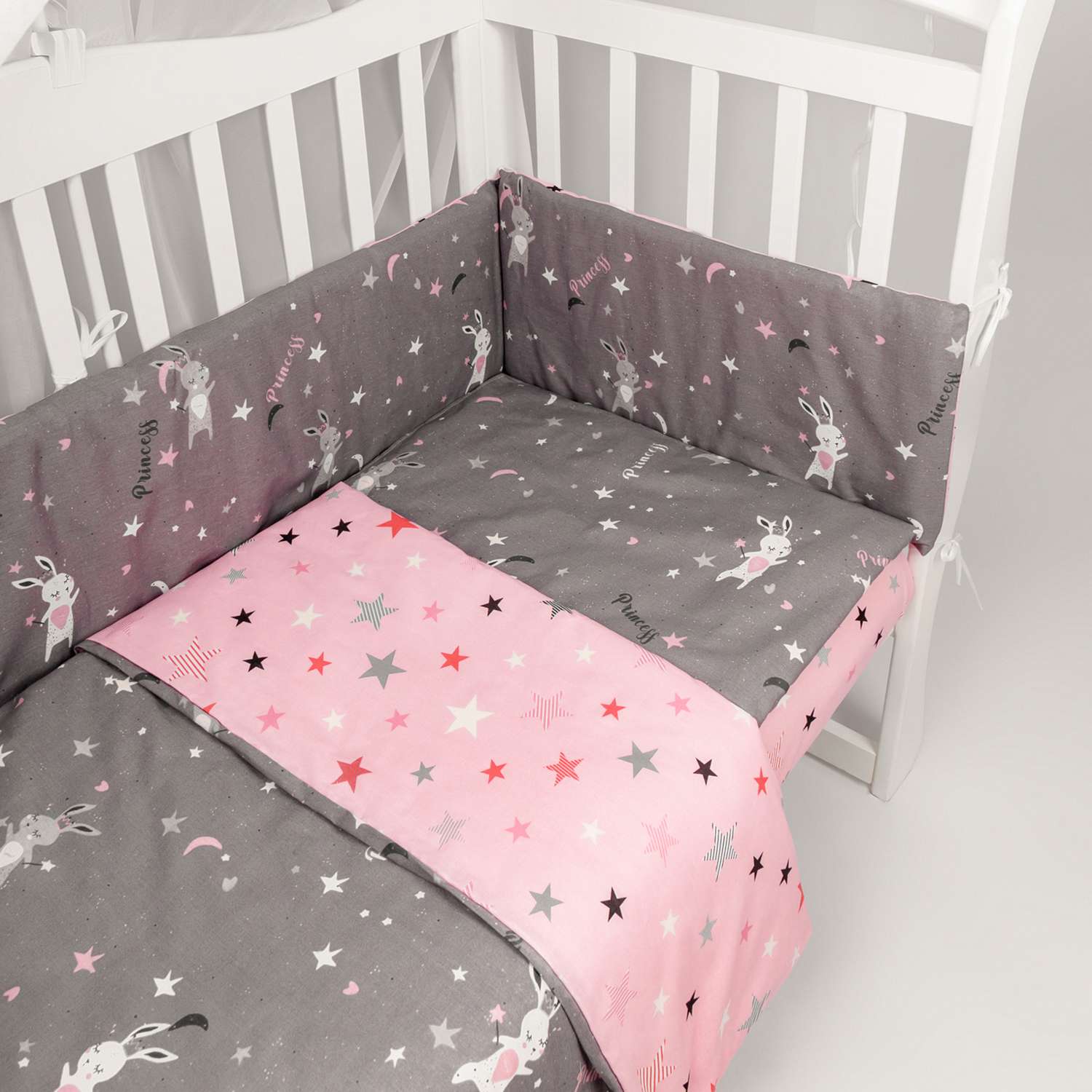 Бортик в кроватку AmaroBaby на молнии: 4 подушки-бортика AmaroBaby Princess серый розовый - фото 2