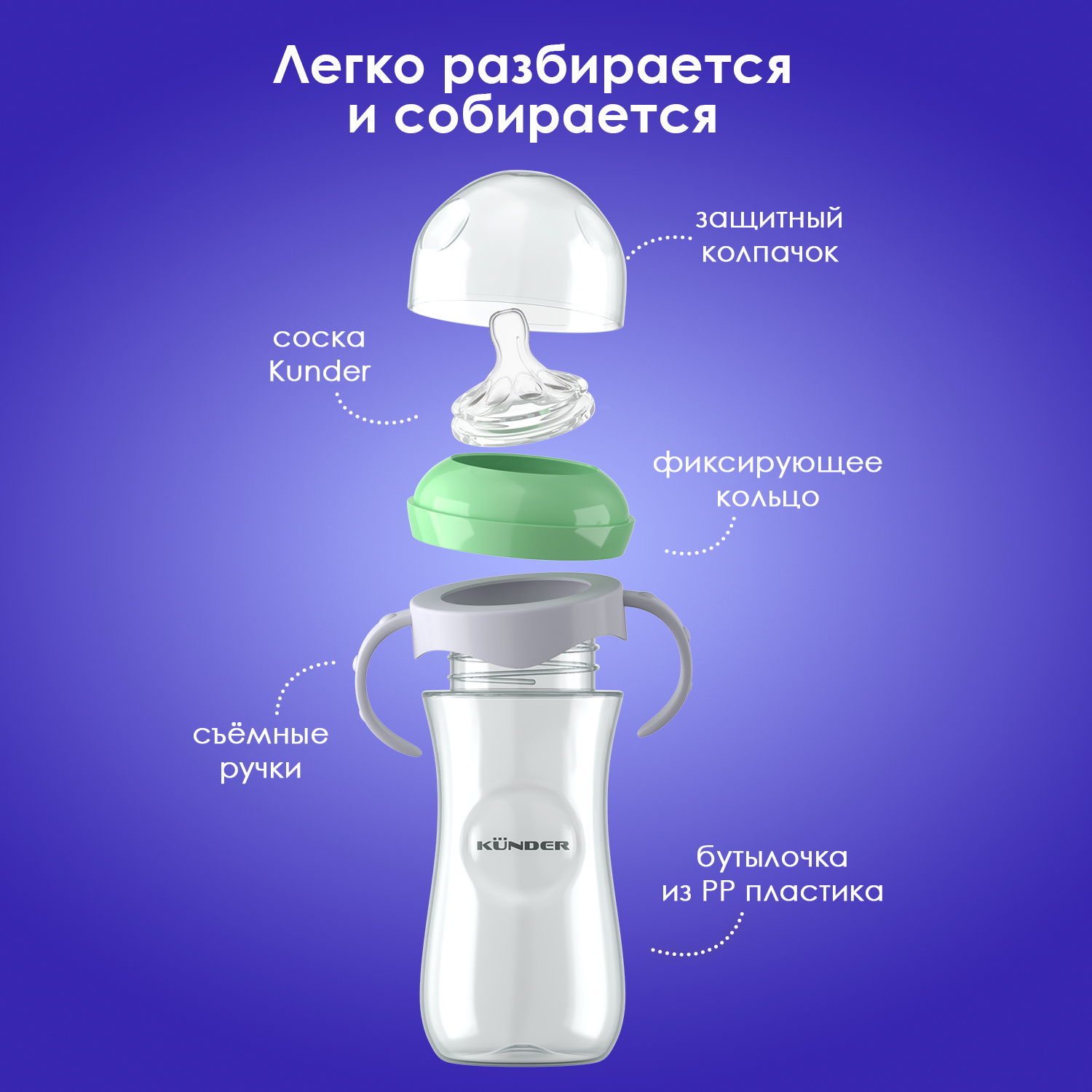 Бутылочка для кормления KUNDER антиколиковая 330 мл размер соски L 6м+ диаметр 5.5 см - фото 3