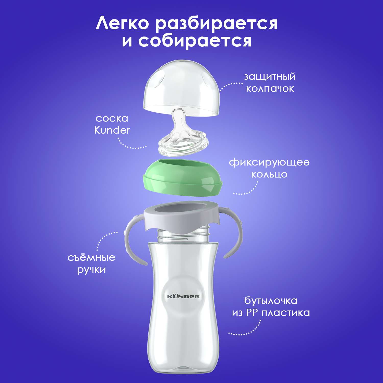 Бутылочка для кормления KUNDER антиколиковая 330 мл размер соски L 6м+ диаметр 5.5 см - фото 3