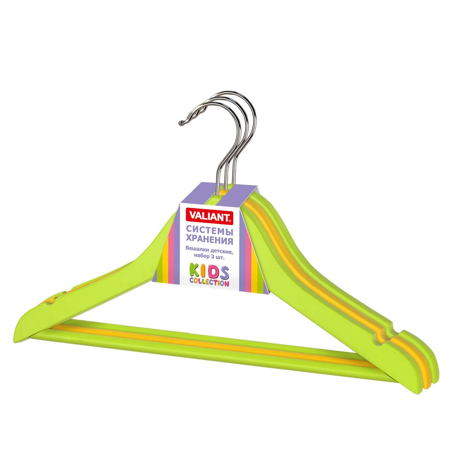 Вешалки-плечики VALIANT для детской одежды деревянные набор 3 шт 35х21х1.2 см зеленый/желтый - фото 3
