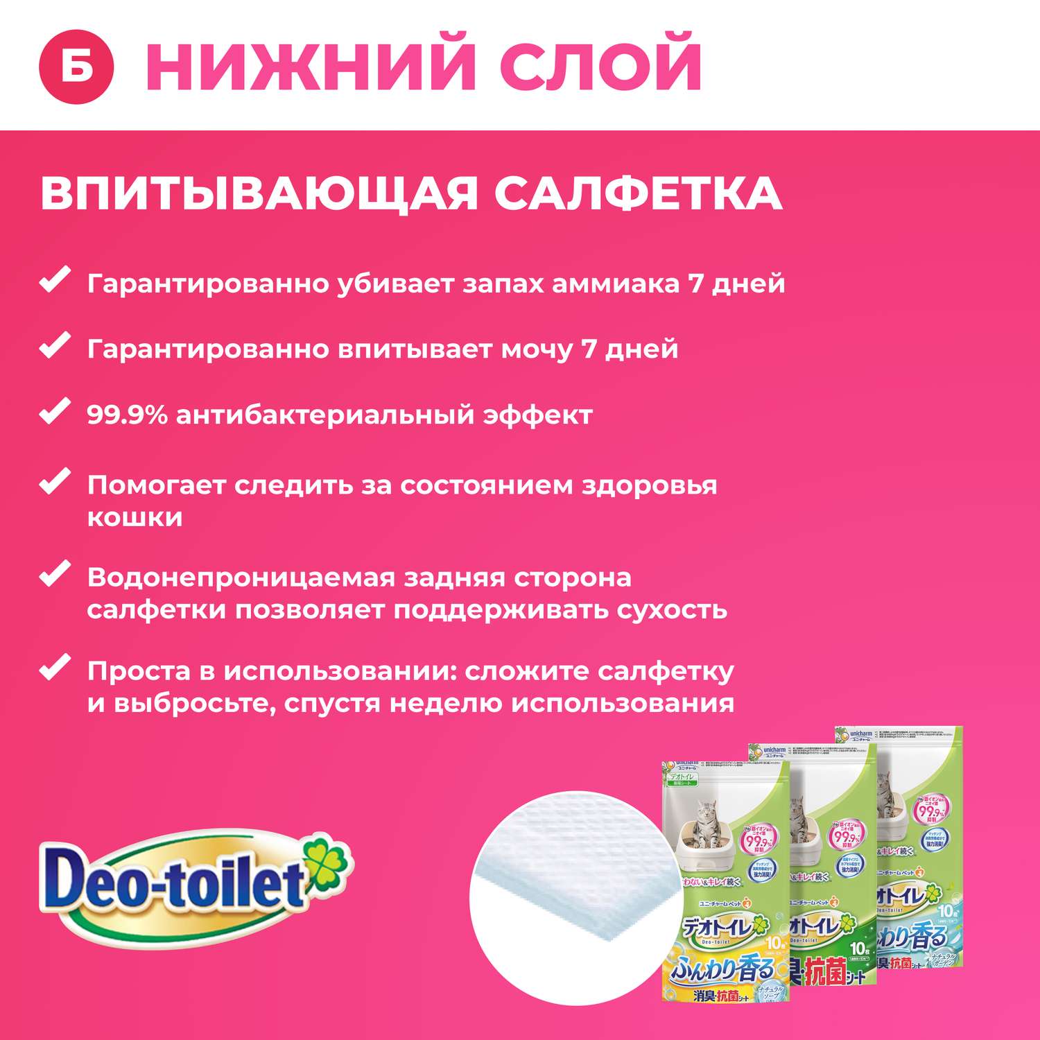 Антибактериальная салфетка Unicharm DeoToilet дезодорирующая для cистемных туалетов для кошек с ароматом зеленого сада 20 шт - фото 3