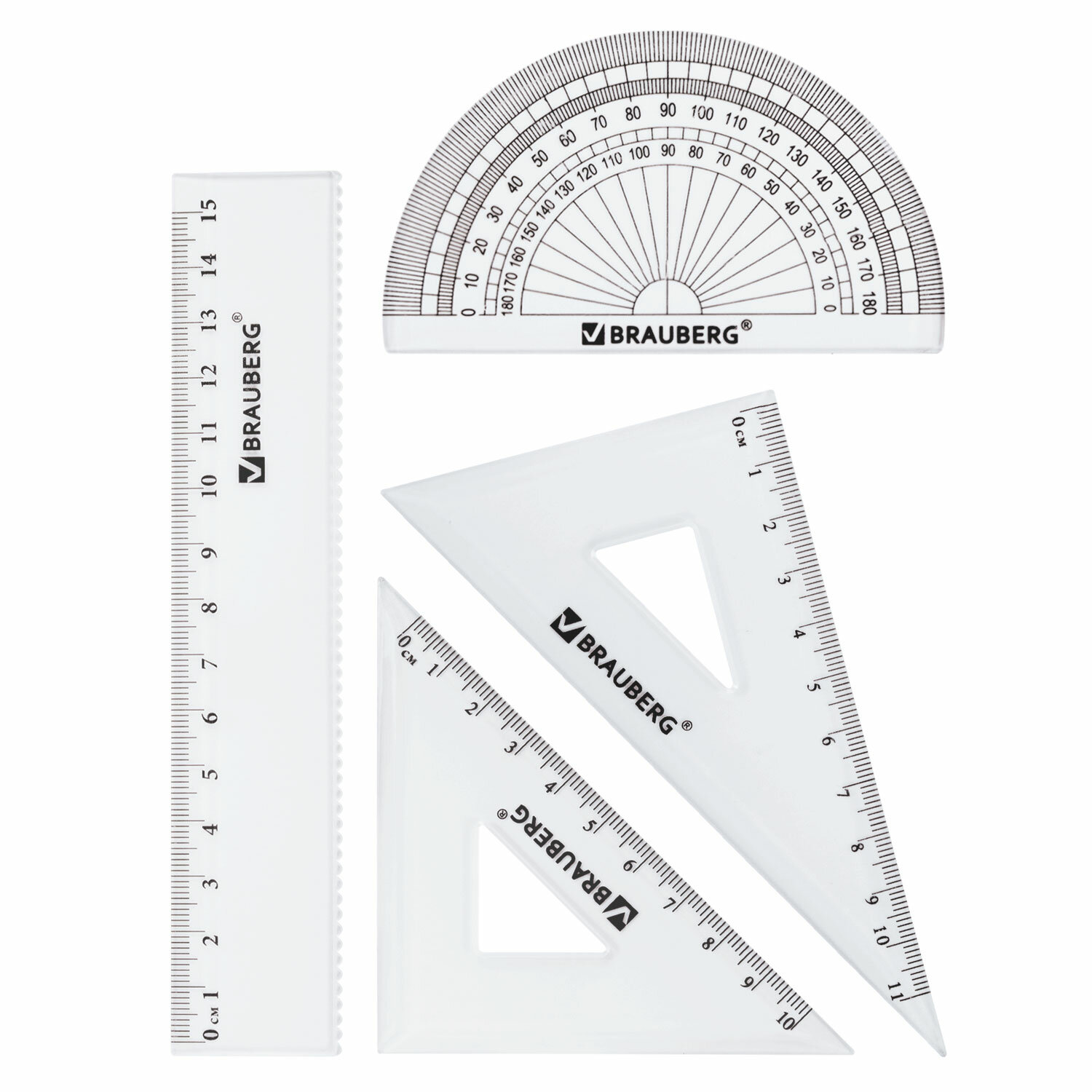Набор чертежный Brauberg линейка 15 см 2 угольника и транспортир - фото 3