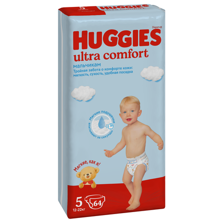 Подгузники Huggies Ultra Comfort для мальчиков 5 (12-22 кг) 64 шт.