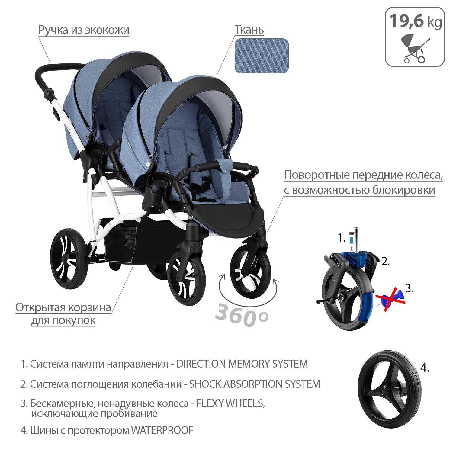 Коляска прогулочная Bebetto 42 Sport Comfort для двойни шасси Белое 02 - фото 5